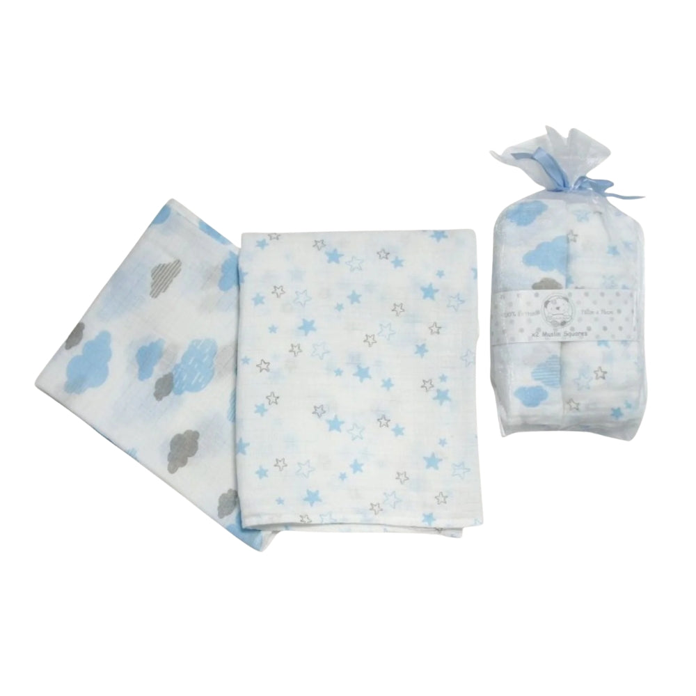 Snuggle Baby 3pc Muslin Squares, Blue Clouds & Stars