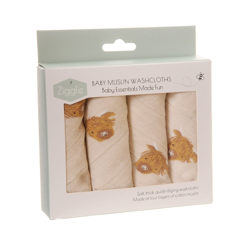 Ziggle Muslin Washcloths, Highland Cow