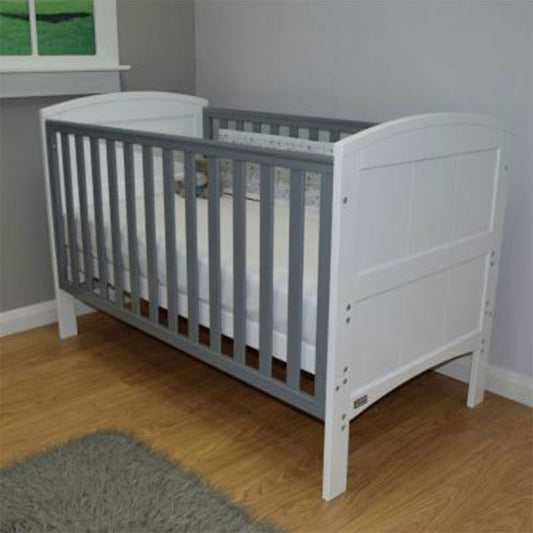Ex Display Stockholm Cot Bed, White/Grey with FREE Mattress & Bedding