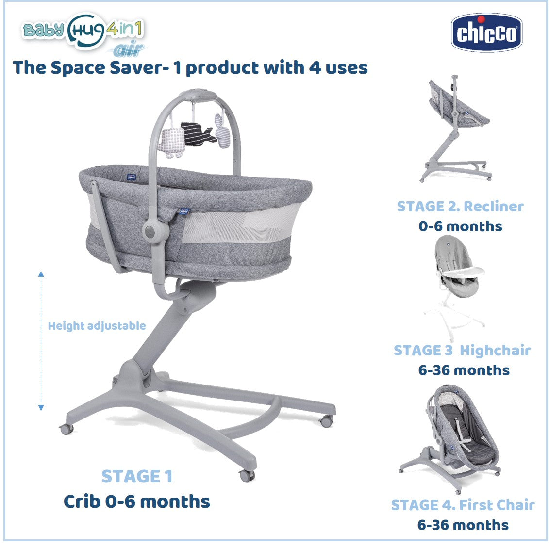 Chicco - Say hello to the Chicco Baby Hug Air 4-in-1, the product designed  to grow with your child from birth to 3 years. Transforming from a cradle  to a raised recliner