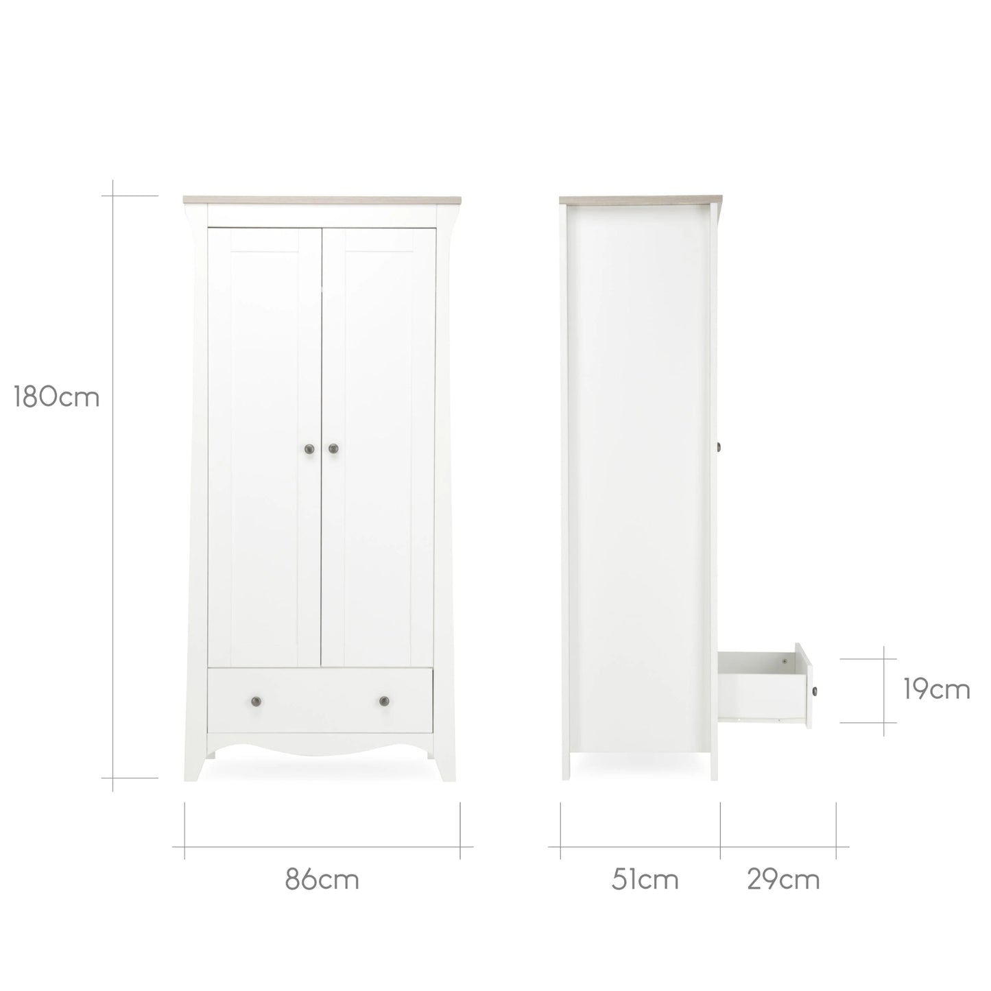 CuddleCo Clara 2 Door Wardrobe, White/Ash