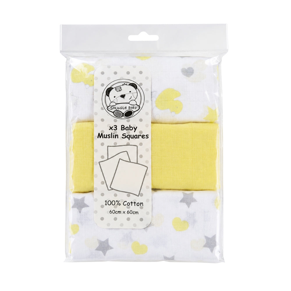 Snuggle Baby 3pc Muslin Squares, Yellow