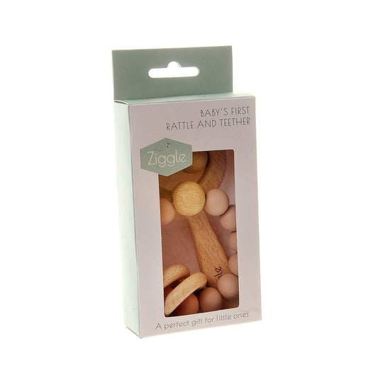 Ziggle Wooden Teething Ring and Rattle- Pink - Kings Baby Shop NI