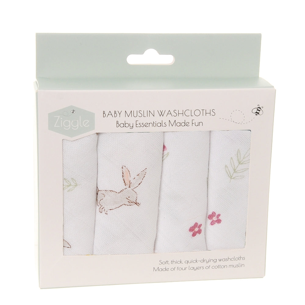Ziggle 4pc Muslin Washcloths, Bunnies