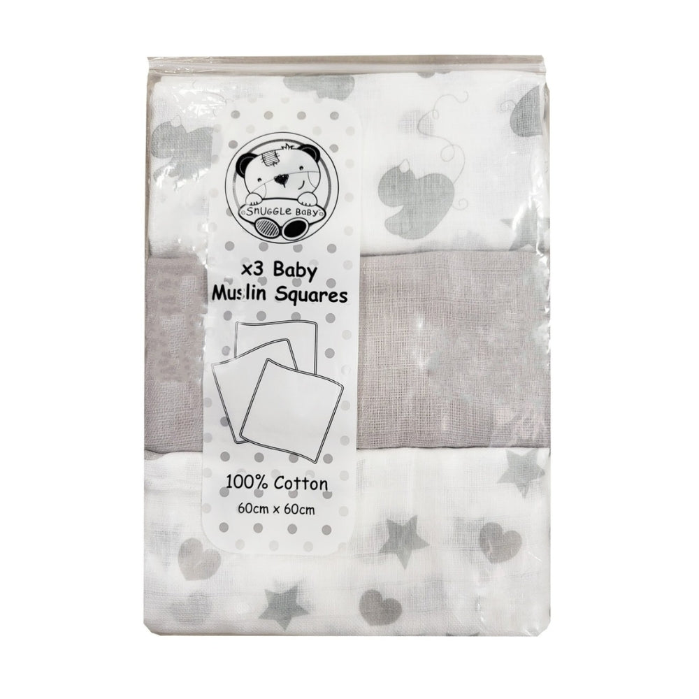 Snuggle Baby 3pc Muslin Squares, Grey
