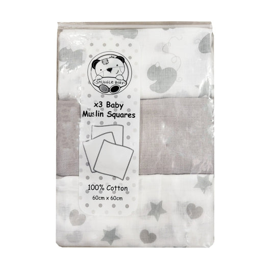 Snuggle Baby 3pc Muslin Squares, Grey