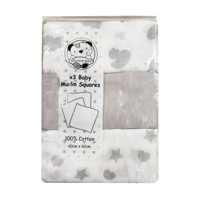 Snuggle Baby 3pc Muslin Squares, Grey