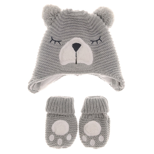 Ziggle Grey Bear Wooly Hat & Mittens, 12-24m