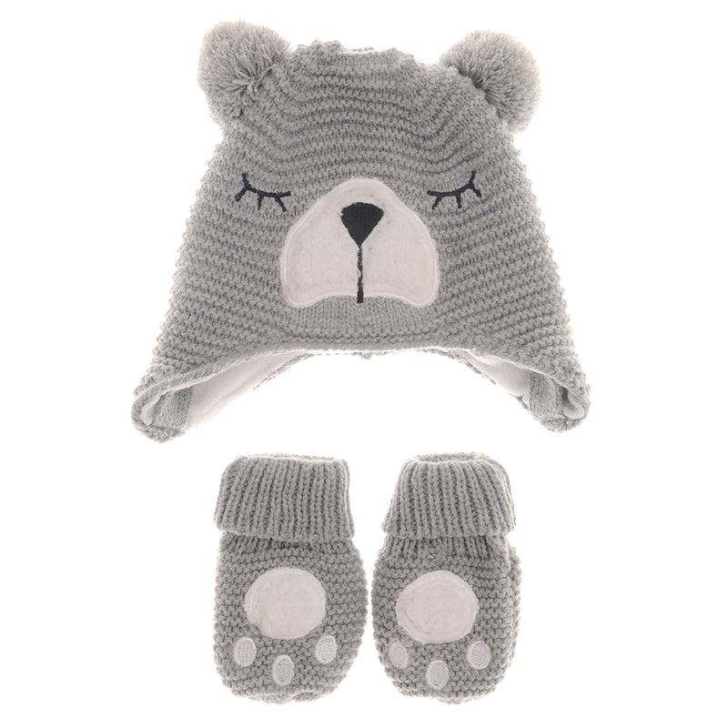 Ziggle Grey Bear Wooly Hat & Mittens, 12-24m