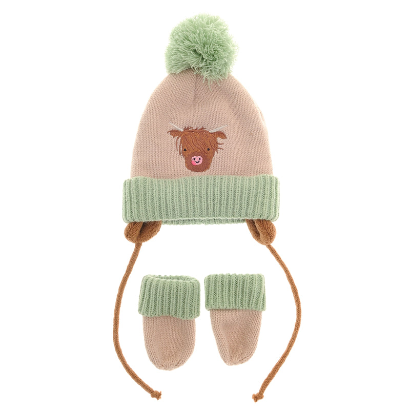 Ziggle Highland Cow Wooly Hat & Mittens 0-12m