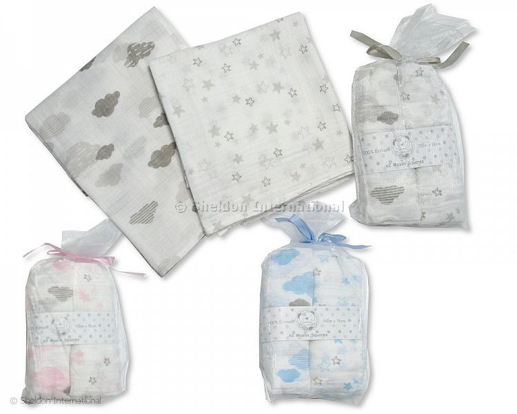 Muslin Squares (2Pk) Grey Clouds & Stars