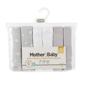 Mother & Baby Organic Cotton 6pk Muslins GREY STAR