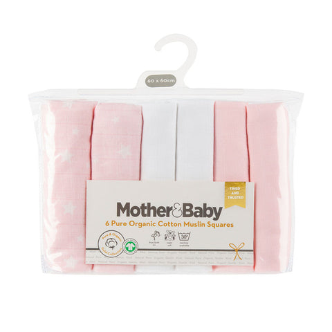 Mother & Baby Organic Cotton 6pk Muslins PINK STAR