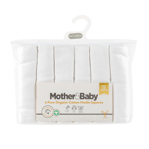 Mother & Baby Organic Cotton 6pk Muslins WHITE